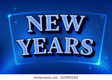 Elegant New Year text effect in blue with a dark blue background, enhanced by light and star effects for a luxurious feel. Perfect for hotel, bar, and casino event posters.