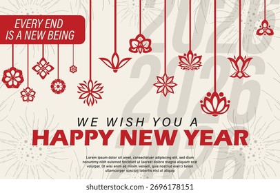 elegant new year vector banner with red hanging florals , holiday graphic design collection with flowers and ribbon , Happy New Year , Newyear poster 