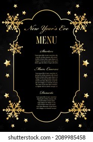 Elegant New Years Eve menu with glittery snowflake design