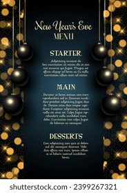 Elegant New Years Eve menu design with hanging baubles and bokeh lights background