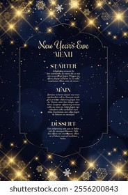 Elegant New Years Eve menu with a gold stars and snowflakes design