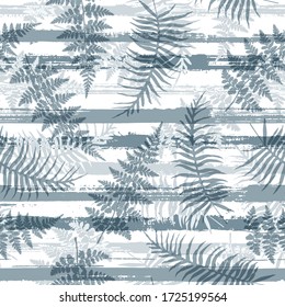 Elegant new zealand fern frond and bracken grass overlapping stripes vector seamless pattern. Hawaiian forest foliage swimwear textile print. Tropical leaves silhouettes wallpaper.