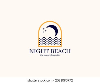 Elegant Night Beach With Moon And Wave Logo. Clean Sea Moonlight Logo