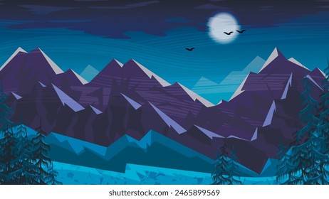 Elegante paisaje nocturno de montaña. Árboles de coníferas sobre el fondo de colinas, montañas, cielo oscuro con la luna, nubes, siluetas de pájaros voladores. Obra del autor. Vector.