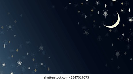 Elegante cielo nocturno con una luna creciente y estrellas doradas en un degradado azul oscuro, creando una atmósfera sofisticada y de ensueño.