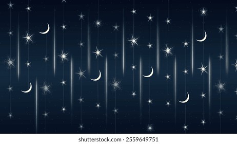 Elegant night sky vector with glowing stars and crescent moons. Perfect for festive, dreamy, holiday, and celestial-themed designs.