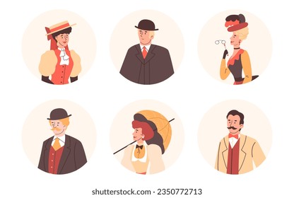 Elegant nineteenth century gentlemen and ladies portraits set, flat vector illustration isolated on white background. Historic female and male Victorian people.