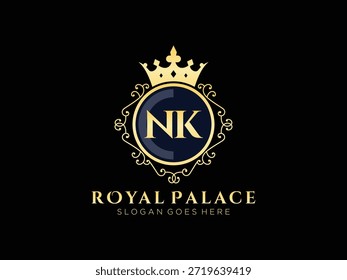 Elegante nk inicial real crista logotipo vetor para boutique marca hotel joias moda heráldica emblema e coroa