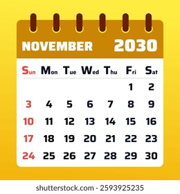 Elegant November 2030 calendar with a warm golden theme. Ideal for Thanksgiving planning, business scheduling, and organizing daily tasks.