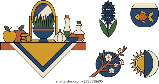 Exhibición elegante de la tabla del haft-sin de Nowruz con un espejo, velas encendidas, florero del jacinto, libro sagrado, manzanas, huevo pintado y reloj de sol decorativo que representa la celebración persa del Año Nuevo