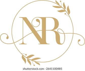 Elegant NR monogram logo design with golden floral elements, perfect for wedding invitations, boutique branding, or luxury events.