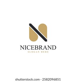 Elegant N-shaped logo with lines and two water drop motifs in black and light brown. Perfect for water-related brands, eco-friendly businesses, and design agencies. Modern, clean, and professional loo