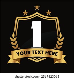 Elegant Number 1 Emblem Design with Gold Laurel Wreath, Stars, and Customizable Ribbon on Black Background