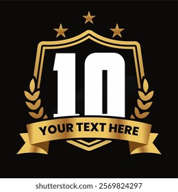 Elegant Number 10 Emblem Design with Gold Laurel Wreath, Stars, and Customizable Ribbon on Black Background