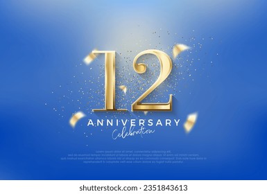 Elegante número 12 con brillo dorado en un fondo azul. Vector premium para afiches, banner, saludo de celebración.