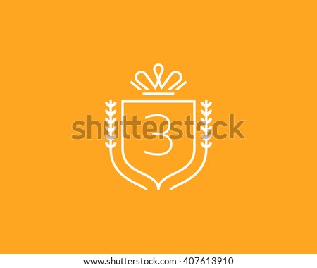 Elegant number 3 logotype. Premium numeral crest logo design. Luxury figure shield rounded crown sign. Print, t-shirt design shape.