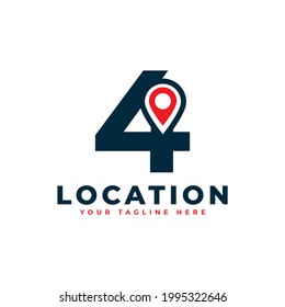 Elegant Number 4 Geotag or Location Symbol Logo. Red Shape Point Location Icon. Usable for Business and Technology Logos. Flat Vector Logo Design Ideas Template Element.