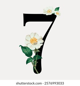 Elegant number 7 with floral design. Number 7 adorned with flowers. Floral number 7 illustration. Number 7 with delicate flowers and leaves. Vintage illustration isolated on white, vector.