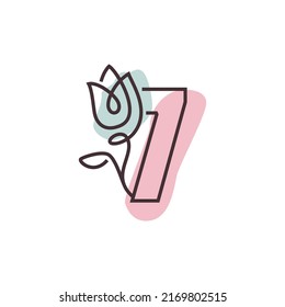 Elegant number 7 with rose flower. Botanical monogram font logo or Icon. Typography element