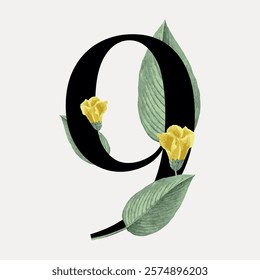 Elegant number 9 design with green leaves and yellow flowers. Floral number 9 with botanical elements. Stylish number 9 for nature-themed designs. Vintage illustration isolated on white, vector.