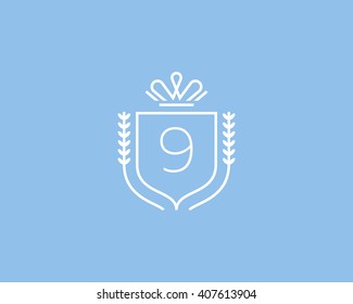 Elegant number 9 logotype. Premium numeral crest logo design. Luxury figure shield rounded crown sign. Print, t-shirt design shape.