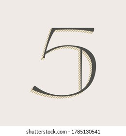 Elegant number five serif font. Classic thin pen lettering with shadow lines. Luxury vector illustration perfect for alcohol labels, fashion posters, vintage identity, etc.