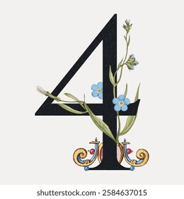 Elegant number four with floral design. Number four adorned with blue flowers. Decorative number four with botanical elements. Stylish number four illustration. Vintage art illustration, vector.