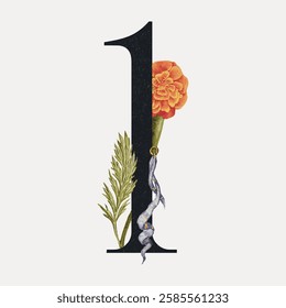 Elegant number one design with floral elements. Number one adorned with orange flower and green leaves. Artistic number one with botanical details. Vintage art illustration, vector.