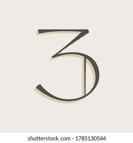 Elegant number three serif font. Classic thin pen lettering with shadow lines. Luxury vector illustration perfect for alcohol labels, fashion posters, vintage identity, etc.