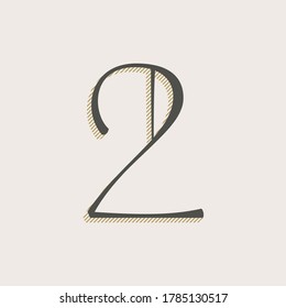 Elegant number two serif font. Classic thin pen lettering with shadow lines. Luxury vector illustration perfect for alcohol labels, fashion posters, vintage identity, etc.