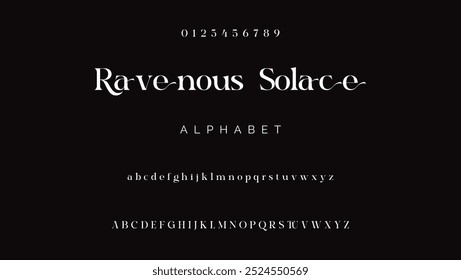 Elegantes números y letras del alfabeto. Fuente simple y tradicional que tiene estilo. Fuente de Vector serif moderna en mayúsculas y minúsculas. Diseños de moda a Pequeña escala