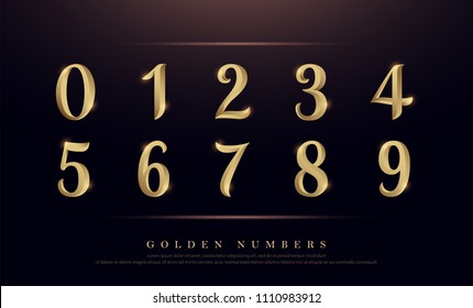 Elegant Numbers Gold Colored Metal Chrome alphabet font. Number typography classic style golden font set for logo, Poster, Invitation. vector illustration
