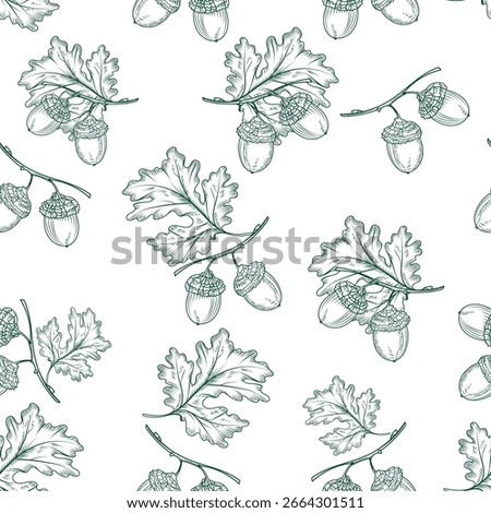 Elegant Oak Leaf and Acorn Seamless Pattern Design. Vector textile print, autumn forest, hand drawn