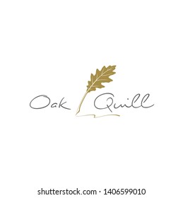 Elegant Oak Leaf with Quill Pen for writing letter or poem logo design
