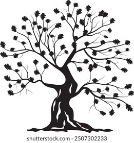 elegant oak tree silhouette, intricately designed with detailed branches and leaves. Perfect for nature-themed prints, t-shirts, and home decor. Its simple yet striking black-and-white .