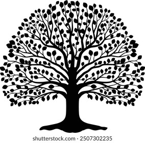 elegant oak tree silhouette, intricately designed with detailed branches and leaves. Perfect for nature-themed prints, t-shirts, and home decor. Its simple yet striking black-and-white .