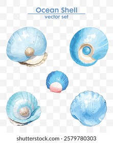 Elegant ocean shell vector set in stunning blue tones. Perfect for summer designs, marine themes, and creative projects. High-quality, vector file.