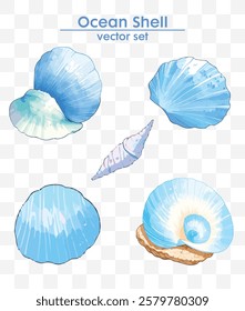 Elegant ocean shell vector set in stunning blue tones. Perfect for summer designs, marine themes, and creative projects. High-quality, vector file.