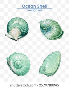 Elegant ocean shell vector set in stunning green tones. Perfect for summer designs, marine themes, and creative projects. High-quality, vector file.