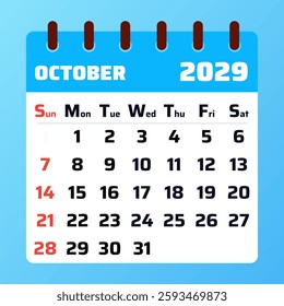 Elegant October 2029 calendar featuring a neat and modern layout. Great for holiday planning, task organization, and business scheduling