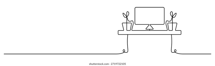 Elegant office desk with computer clean continuous line art vector illustration