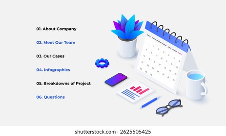 Elegant Office Workspace with Calendar, Plant, and Business Accessories. Agenda Illustration