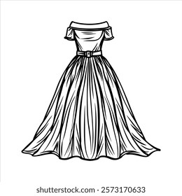 Elegant Off-Shoulder Ballgown Sketch with Flowing Skirt and Dramatic Silhouette