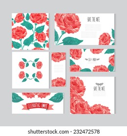 Elegant oil painted red roses cards, design elements. Can be used for wedding, baby shower, mothers day, valentines day, birthday cards, invitations, banners, flyers, gift wrap, print, manufacturing