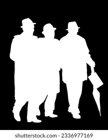 Elegant old crew man walking vector silhouette illustration isolated on black. Mister senior friends gentleman in suit hat umbrella. Grandpa mature. Old retail people. Grandfather golden age memories