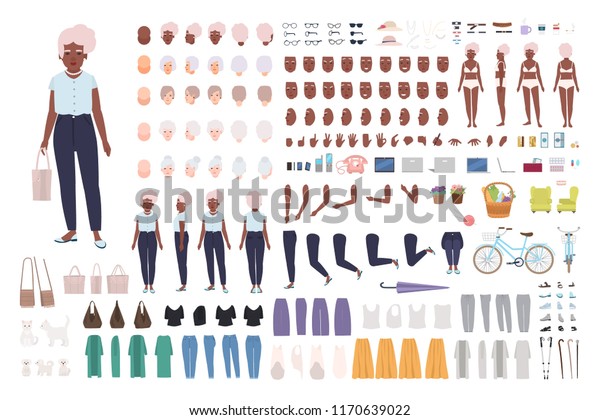 Elegant old lady or granny animation set. Bundle of female body parts