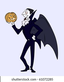 A elegant old vampire wearing black suit with high collar and bat wings is holding a pumpkin in his hand on the eve of Halloween