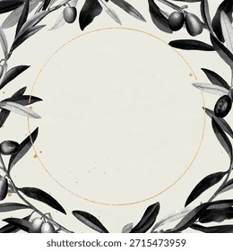 Elegante marco de rama de olivo con un diseño circular. Las hojas y ramas de olivo crean un aspecto natural y rústico. Perfecto para invitaciones, tarjetas o decoración con motivos de olivo. Vector de marco de ilustración.