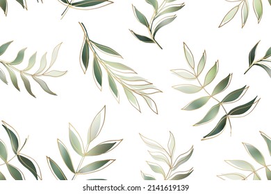 Elegante ramo verde oliva de fondo blanco, patrón horizontal sin costura. Diseño de fondo vectorial tropical de lujo. Fondo estacional, menú, boda, guardar la fecha, impresión de tela textil