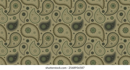 Elegant olive green paisley pattern.  Perfect for textile design, wallpaper, or fashion projects.  Intricate details and a sophisticated color palette create a timeless, versatile design.